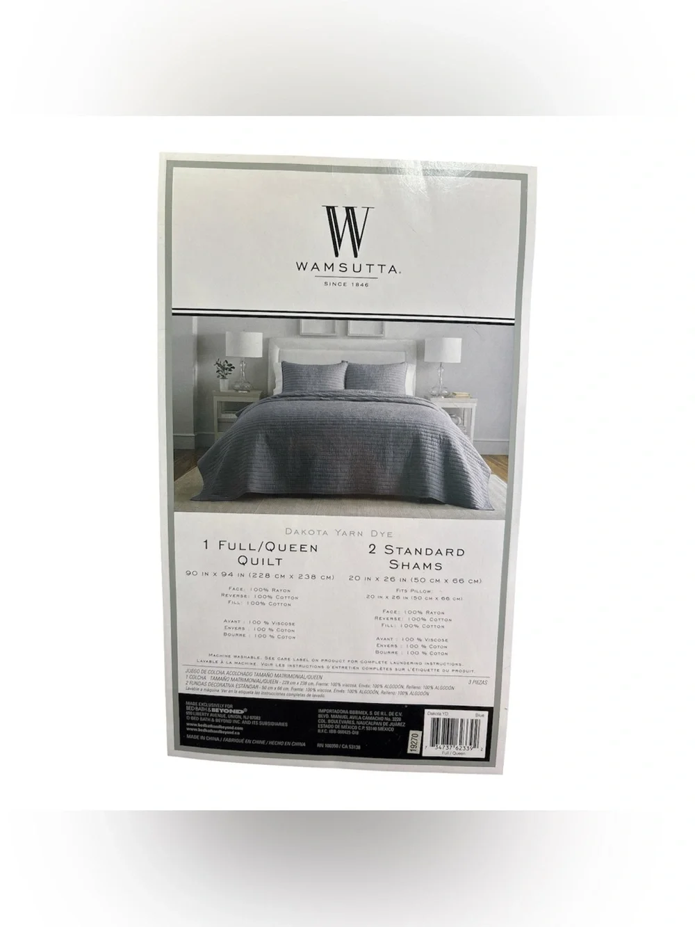 Wamsutta Dakota Yarn Dye 3-Piece Full/Queen Quilt Set Shams Denim Blue Cotton